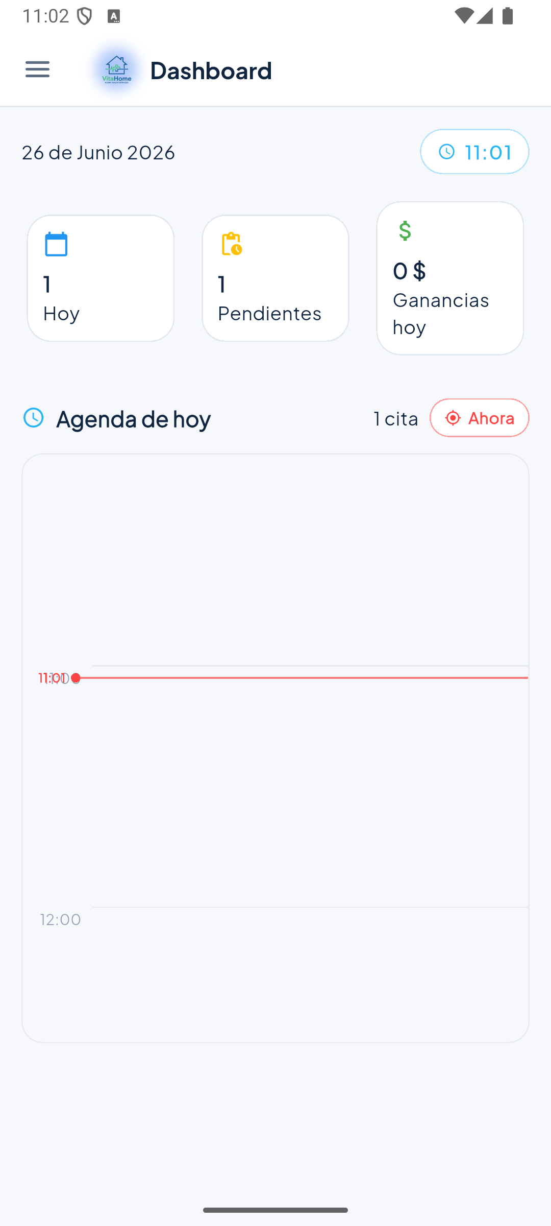 Dashboard del administrador con la agenda del día